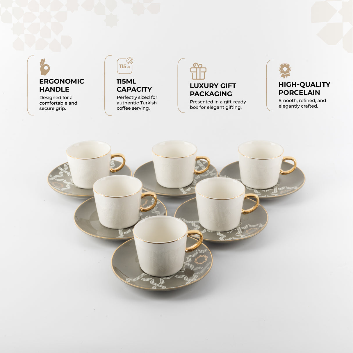 Octara - Espresso/Turkish Coffee Set (12-Pc) - Grey & Gold