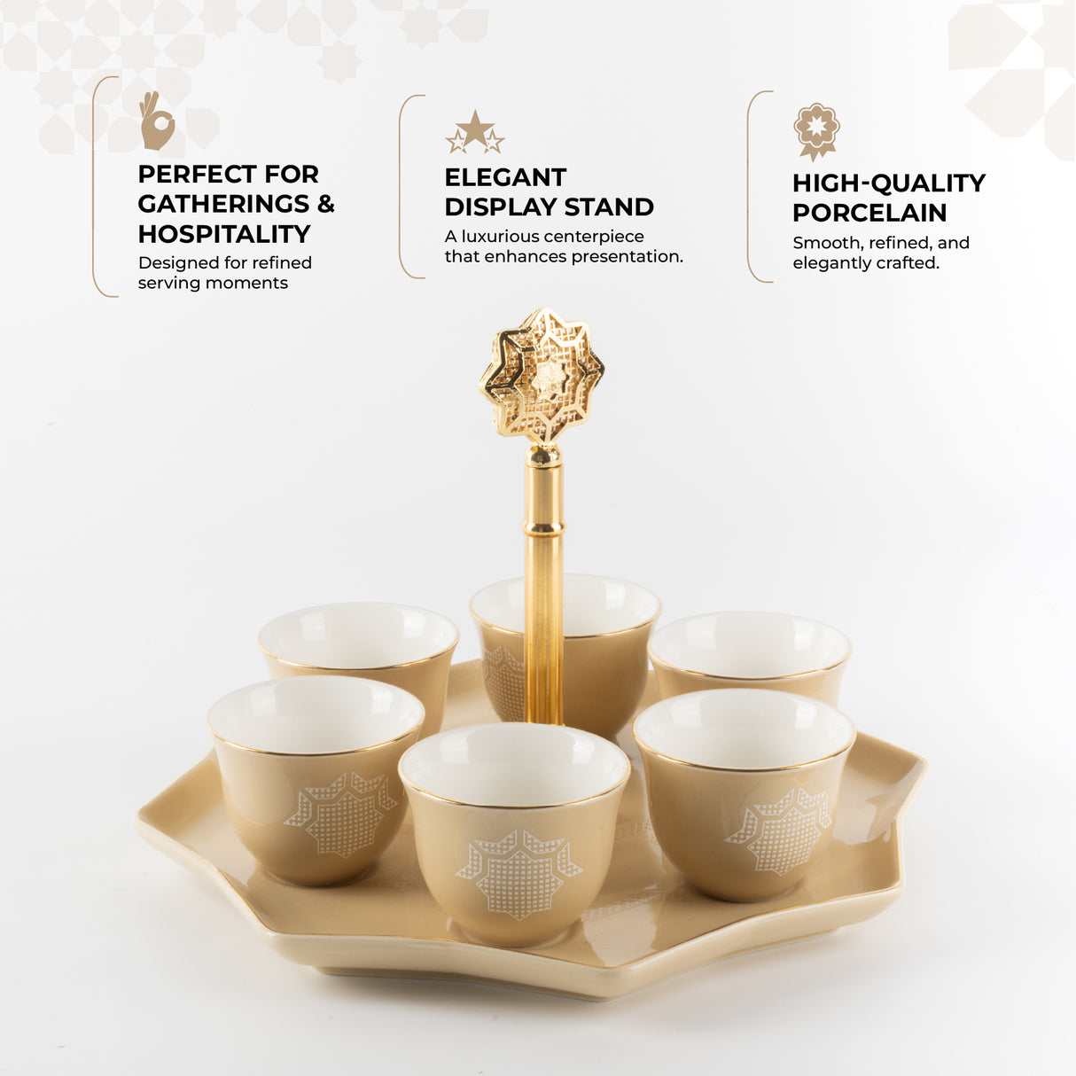 Octara - Arabic Coffee Cups With Holder- Ivory & Gold