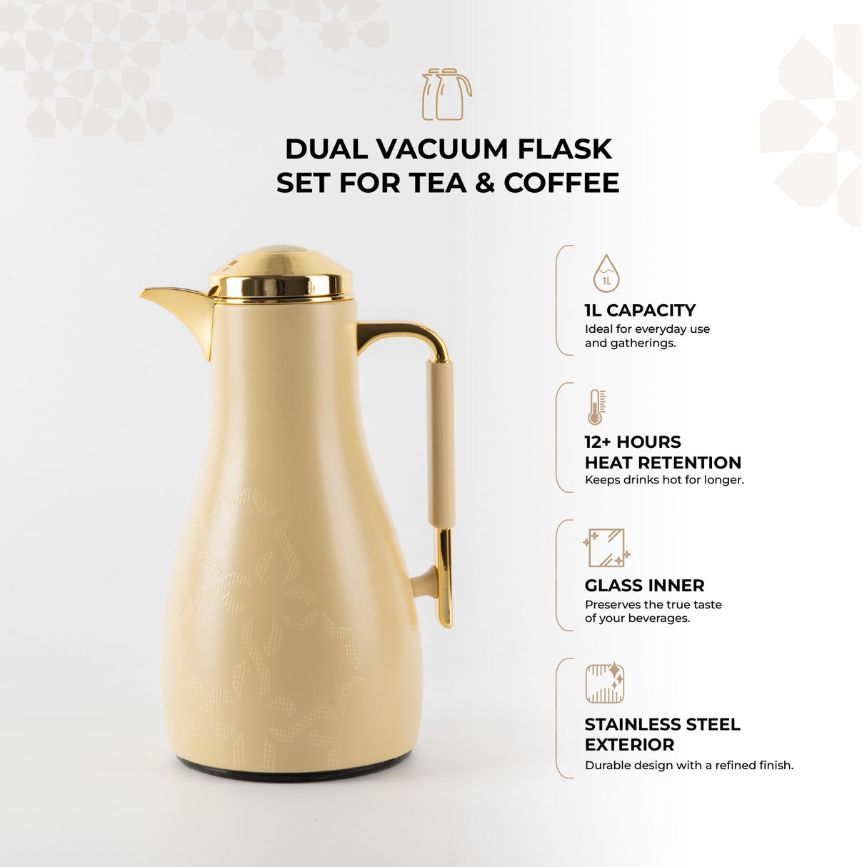 Octara - Vacuum Flask / Thermos (Set of 2)- Ivory & Gold