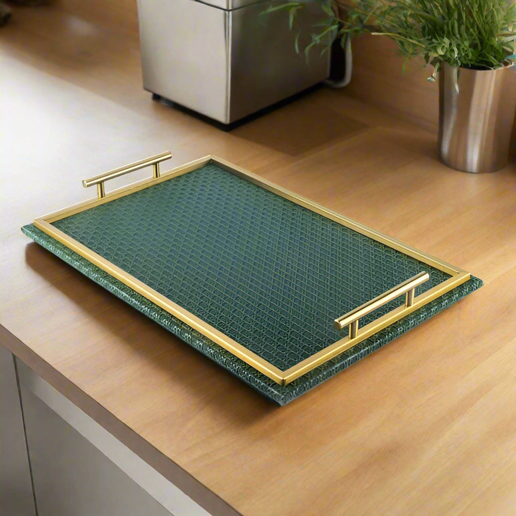 Rattan- Leather Serving Tray- Green & Gold