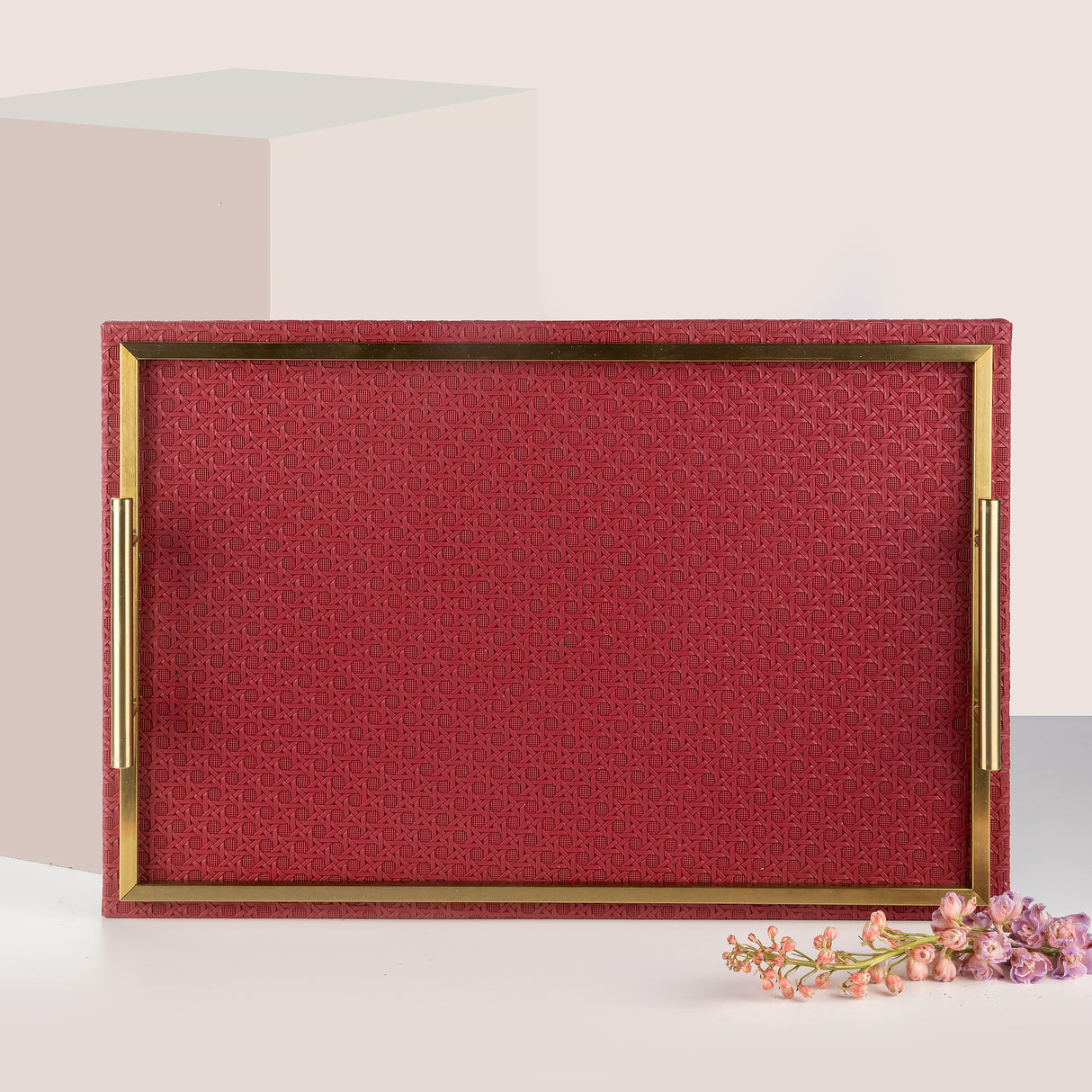 Rattan- Leather Serving Tray- Red & Gold