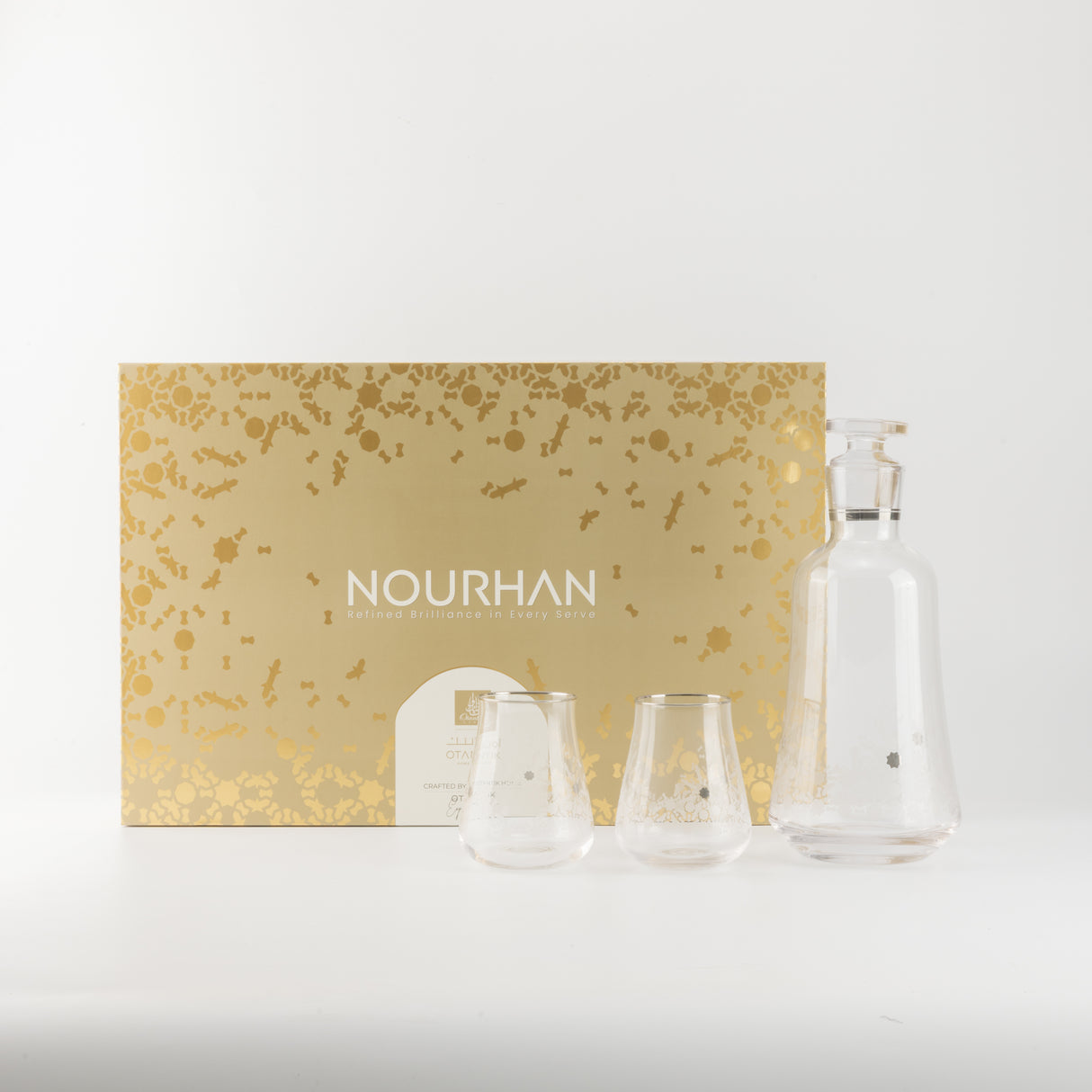 Nourhan - Jug with 6 Short glass cups - Silver