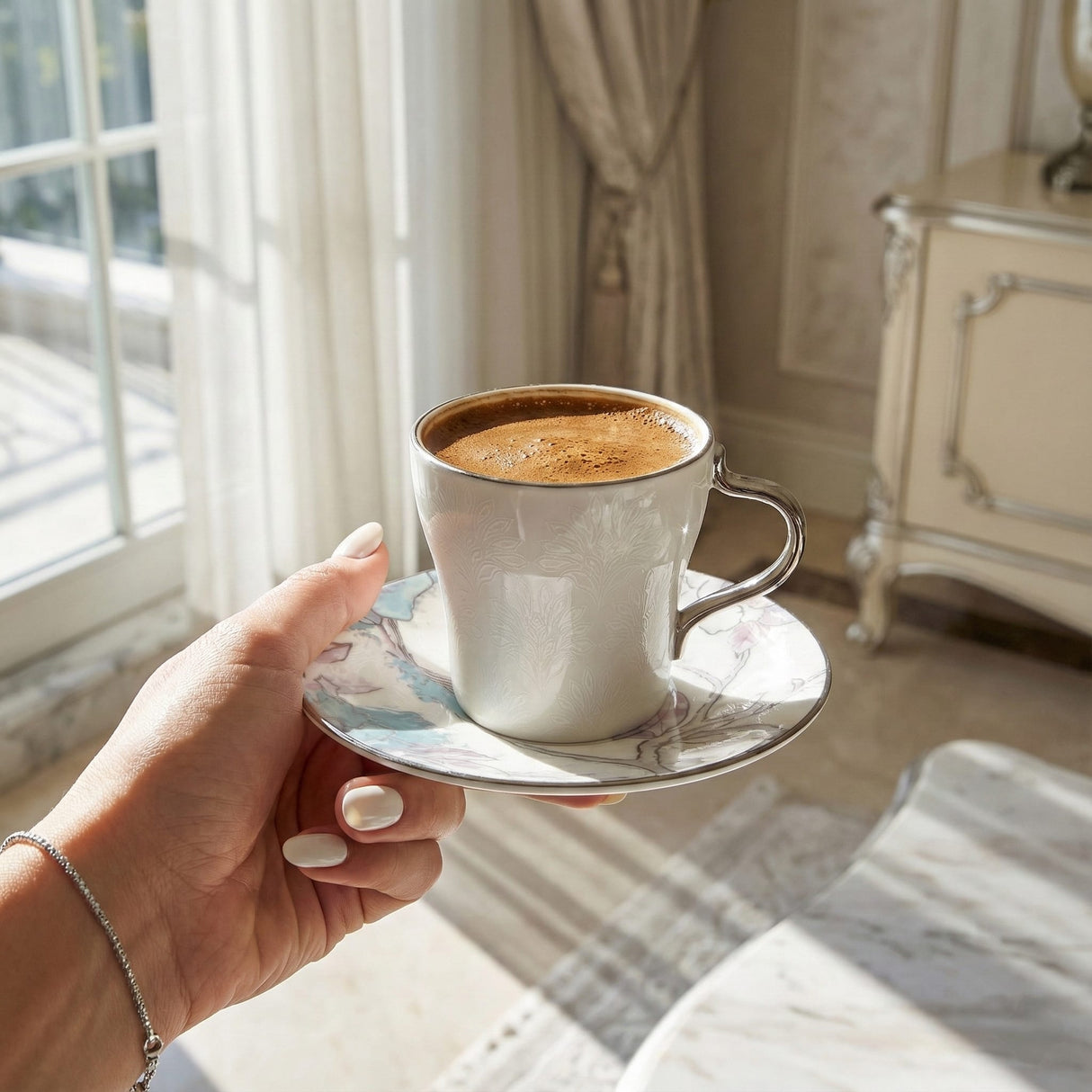 Khuzama - Cappuccino Set (12-Pc) - Blue & Silver