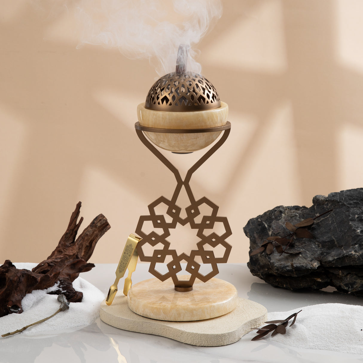 Athar - Marble Incense Burner (2-Pc)- Beige & Bronze