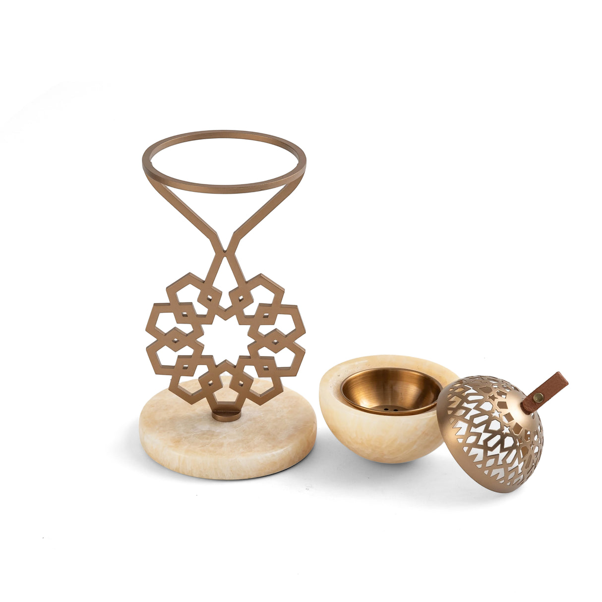 Athar - Marble Incense Burner (2-Pc)- Beige & Bronze