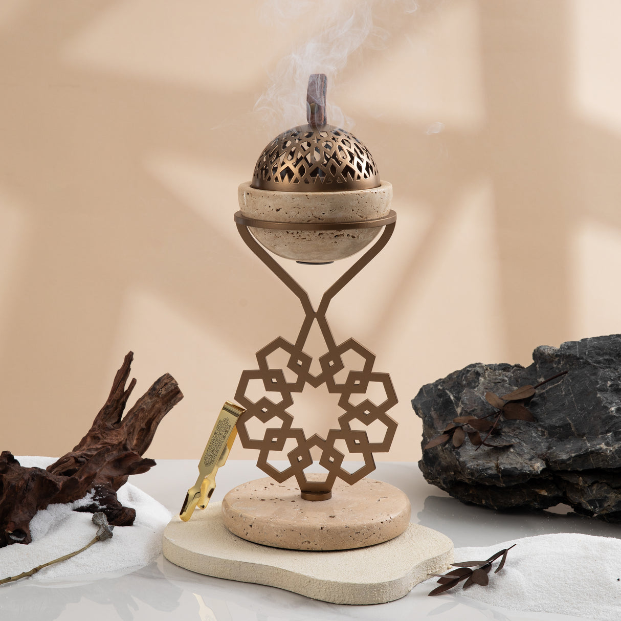 Athar - Marble Incense Burner (2-Pc) - Warm Sand & Bronze