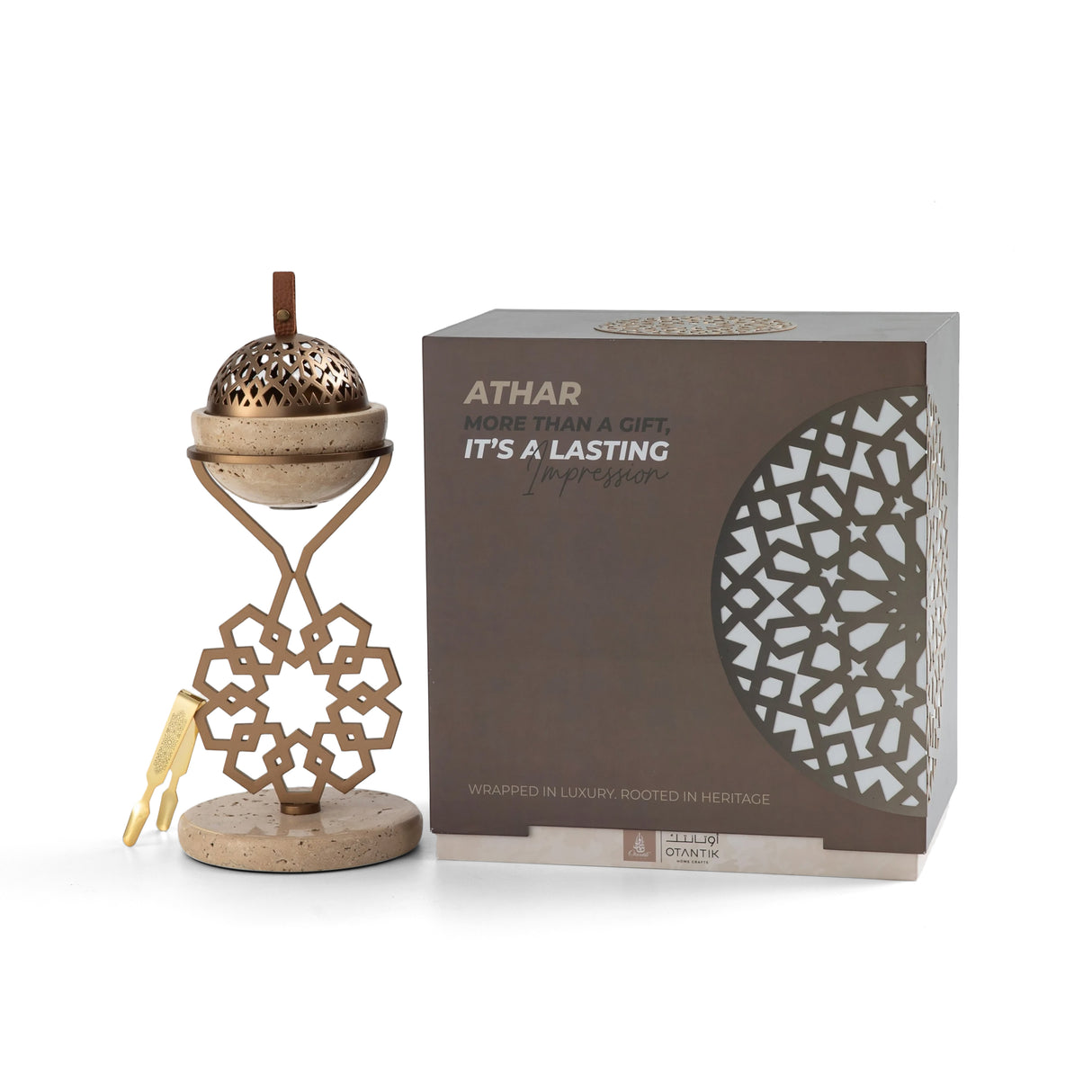 Athar - Marble Incense Burner (2-Pc) - Warm Sand & Bronze