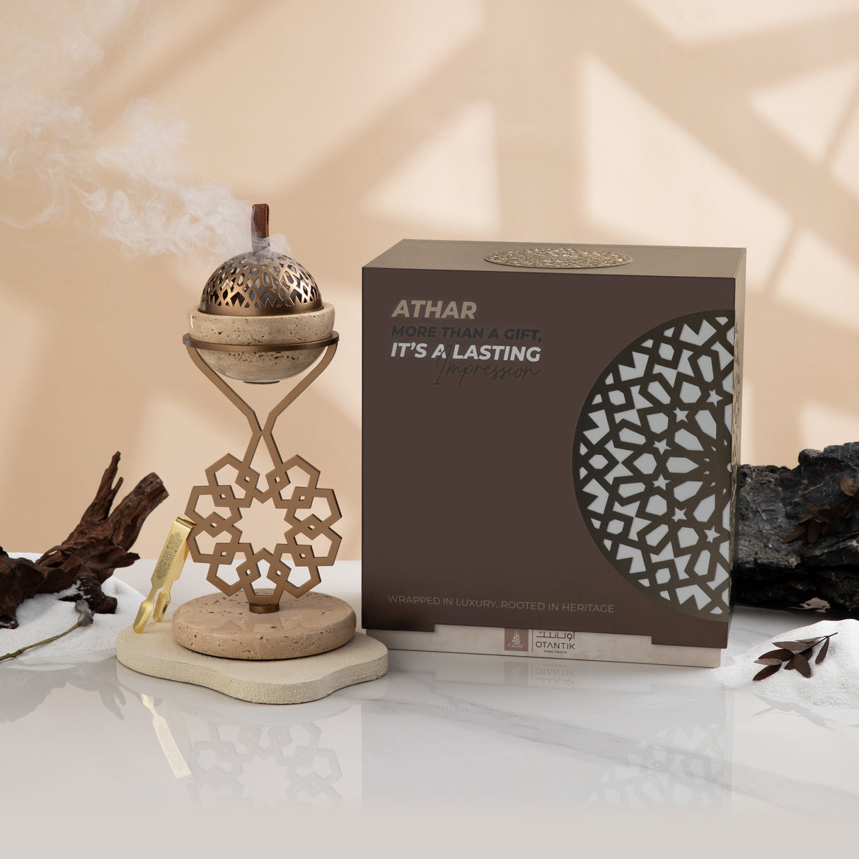 Athar - Marble Incense Burner (2-Pc) - Warm Sand & Bronze