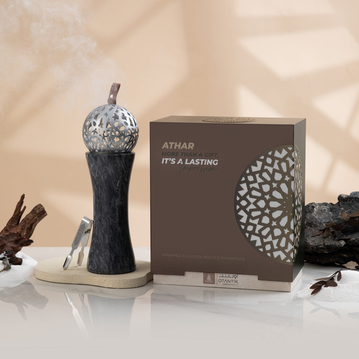 Athar - Sculpted Marble Incense Burner (2-Pc)- Midnight Black & Silver
