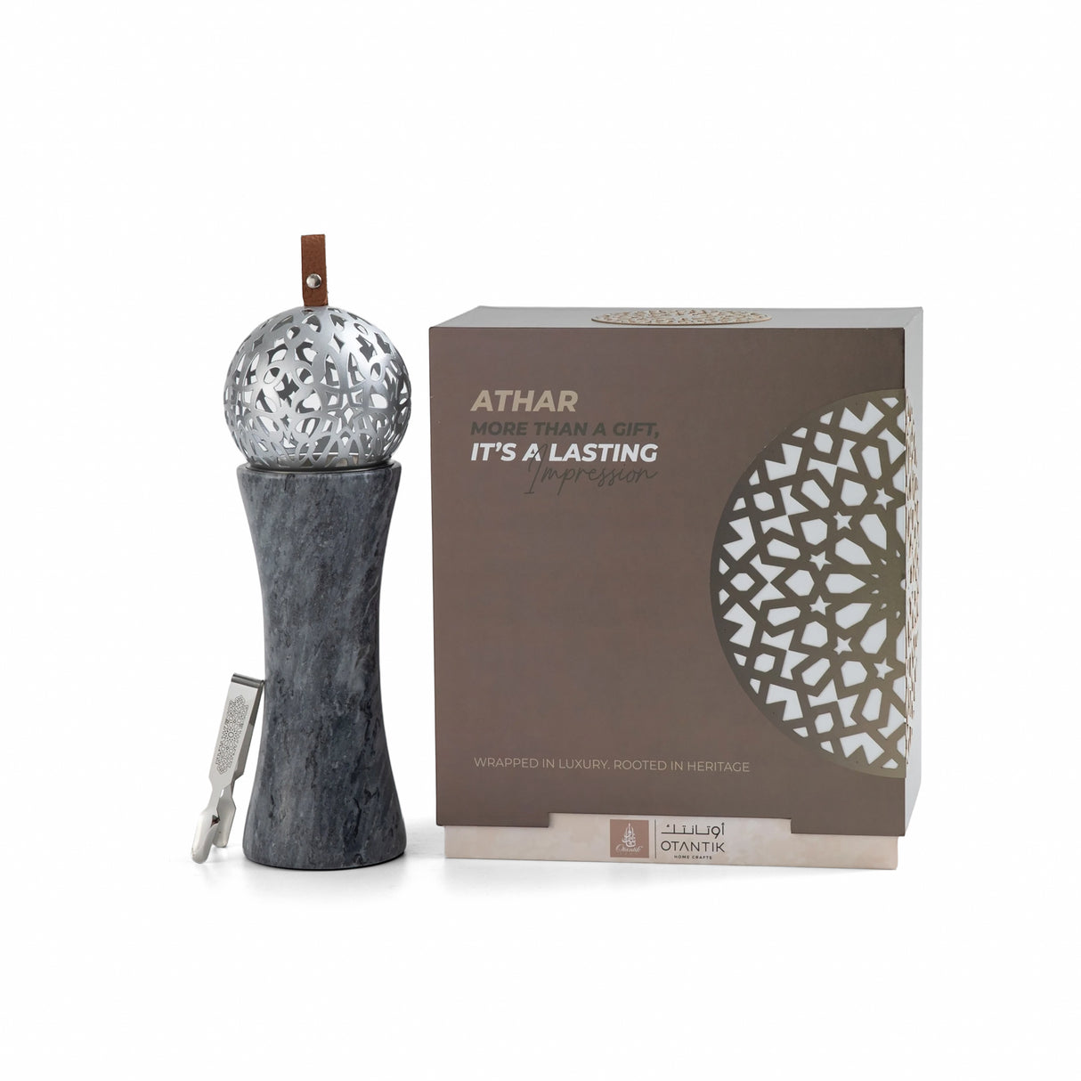 Athar - Sculpted Marble Incense Burner (2-Pc)- Midnight Black & Silver
