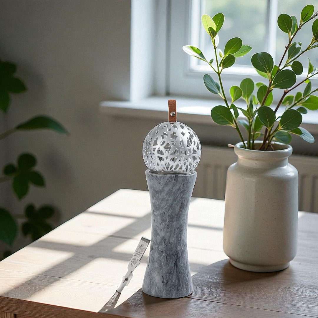 Athar - Sculpted Marble Incense Burner (2-Pc)- Midnight Black & Silver