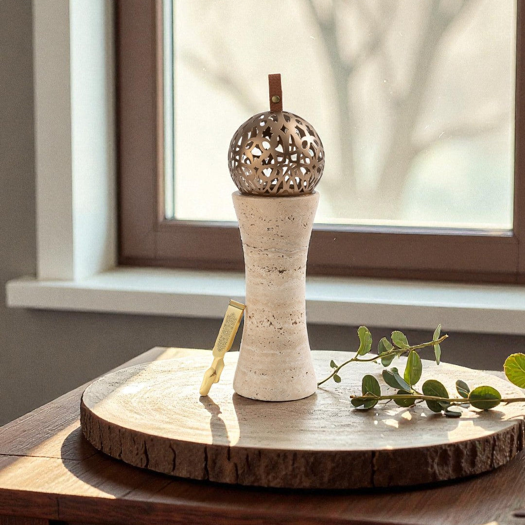 Athar - Sculpted Marble Incense Burner (2-Pc)- Warm Sand & Bronze