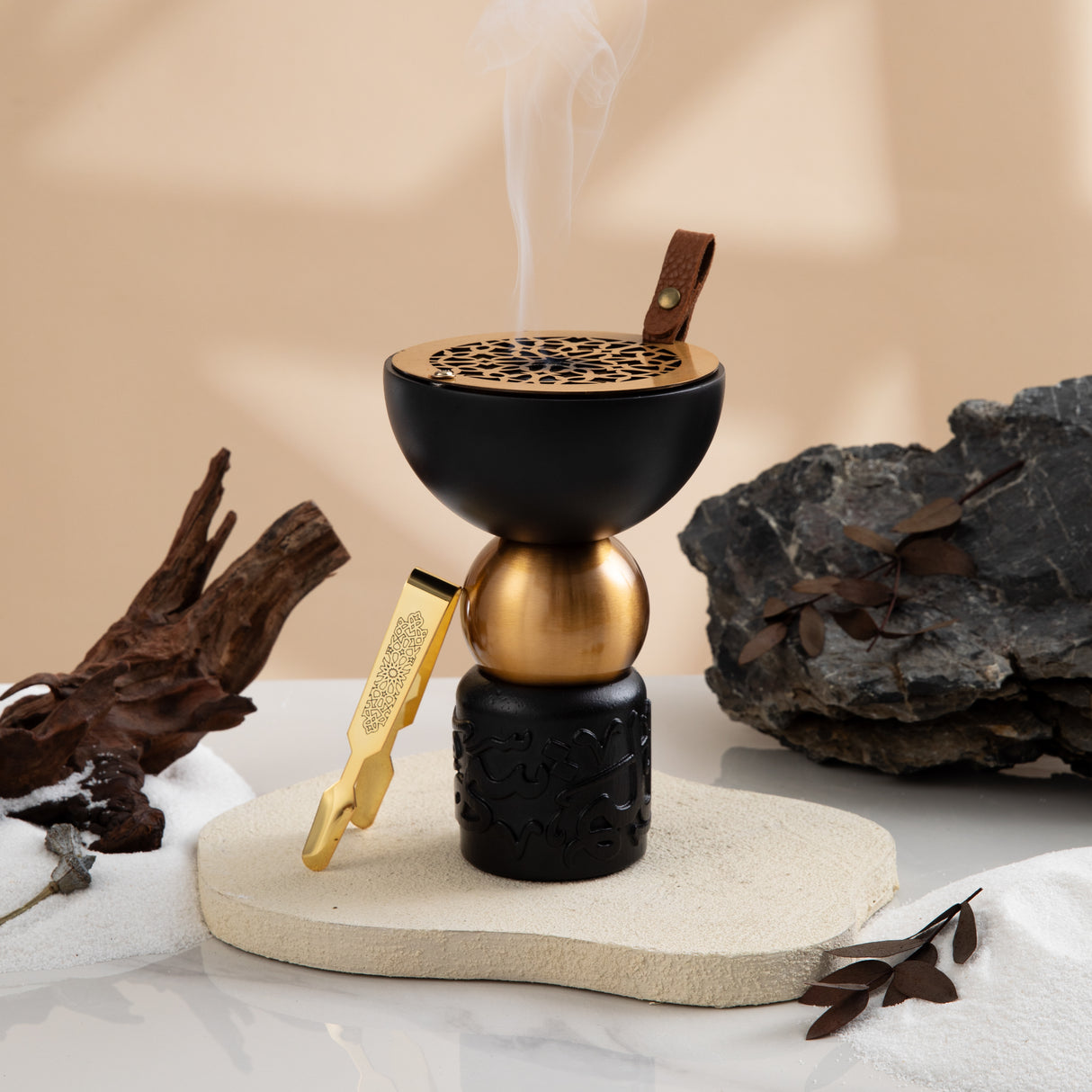 Athar - Wooden Incense Burner (2-Pc) - Black & Gold