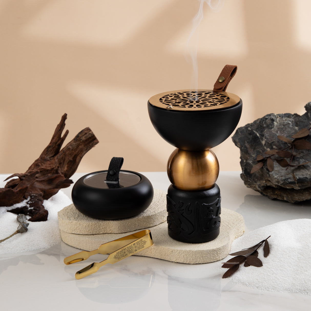 Athar - Wooden Incense Burner Set (3-Pc) - Black & Gold