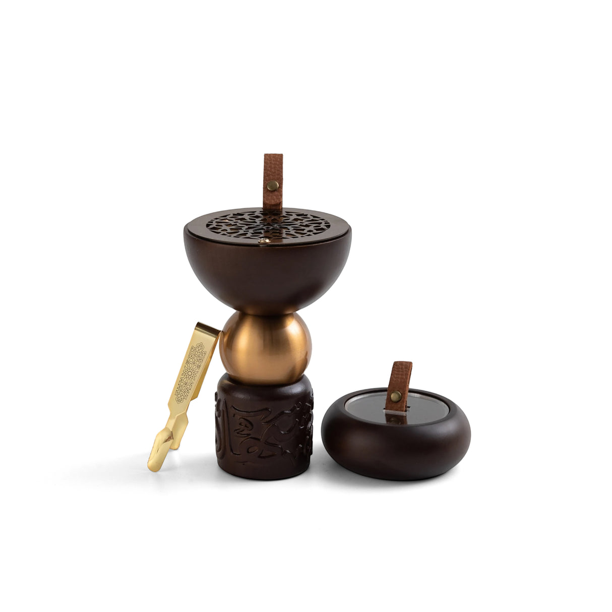 Athar - Wooden Incense Burner Set (3-Pc) - Brown & Gold