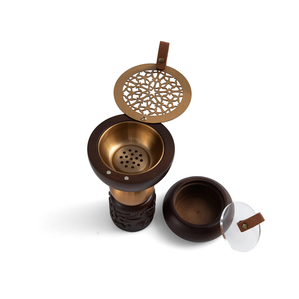 Athar - Wooden Incense Burner Set (3-Pc) - Brown & Gold