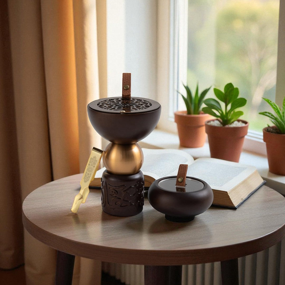 Athar - Wooden Incense Burner Set (3-Pc) - Brown & Gold