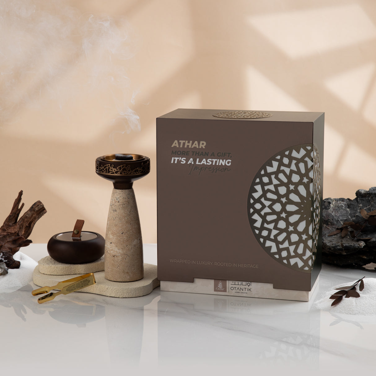 Athar - Marble Incense Burner Set (3-Pc)- Warm Sand & Bronze