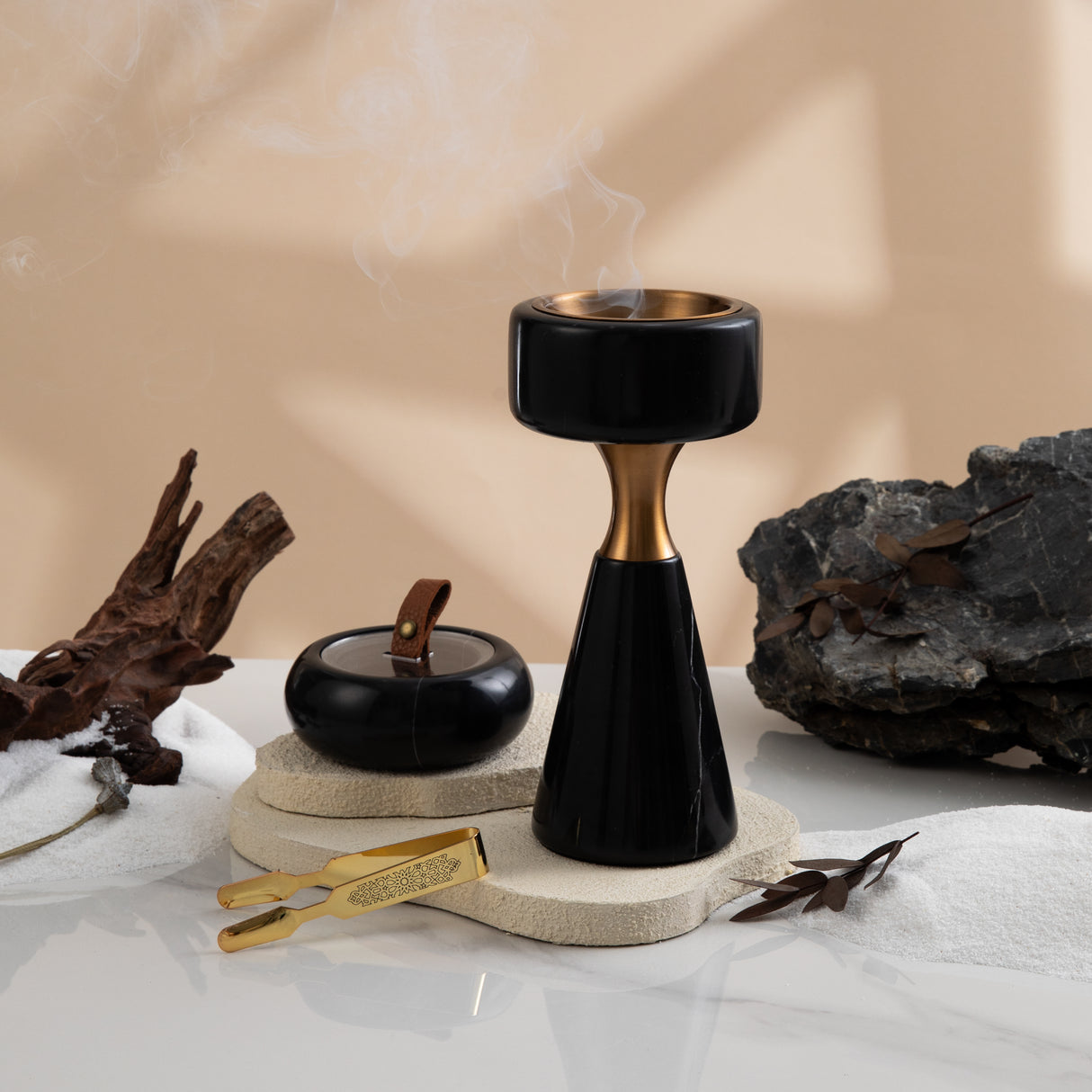 Athar - Marble Incense Burner Set (3-Pc) - Black & Gold