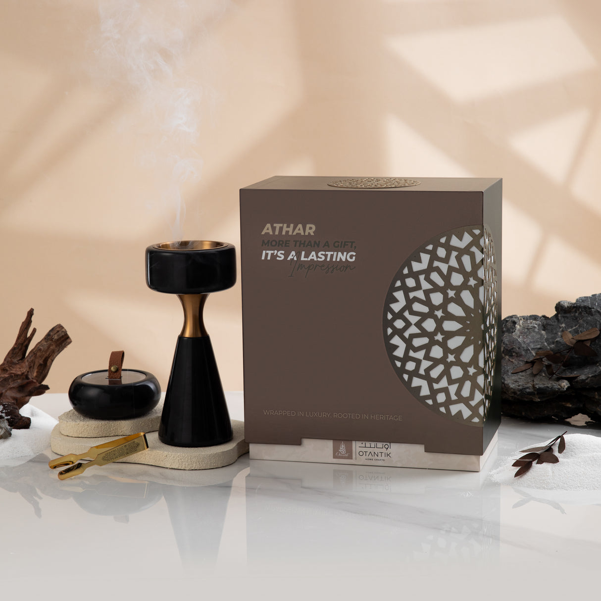 Athar - Marble Incense Burner Set (3-Pc) - Black & Gold