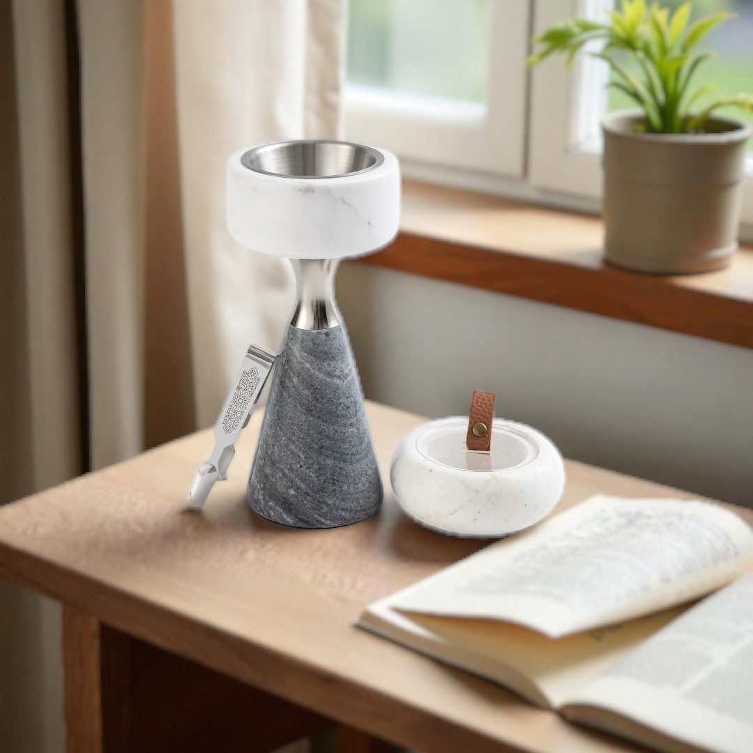 Athar - Marble Incense Burner Set (3-Pc) - White/Grey & Silver