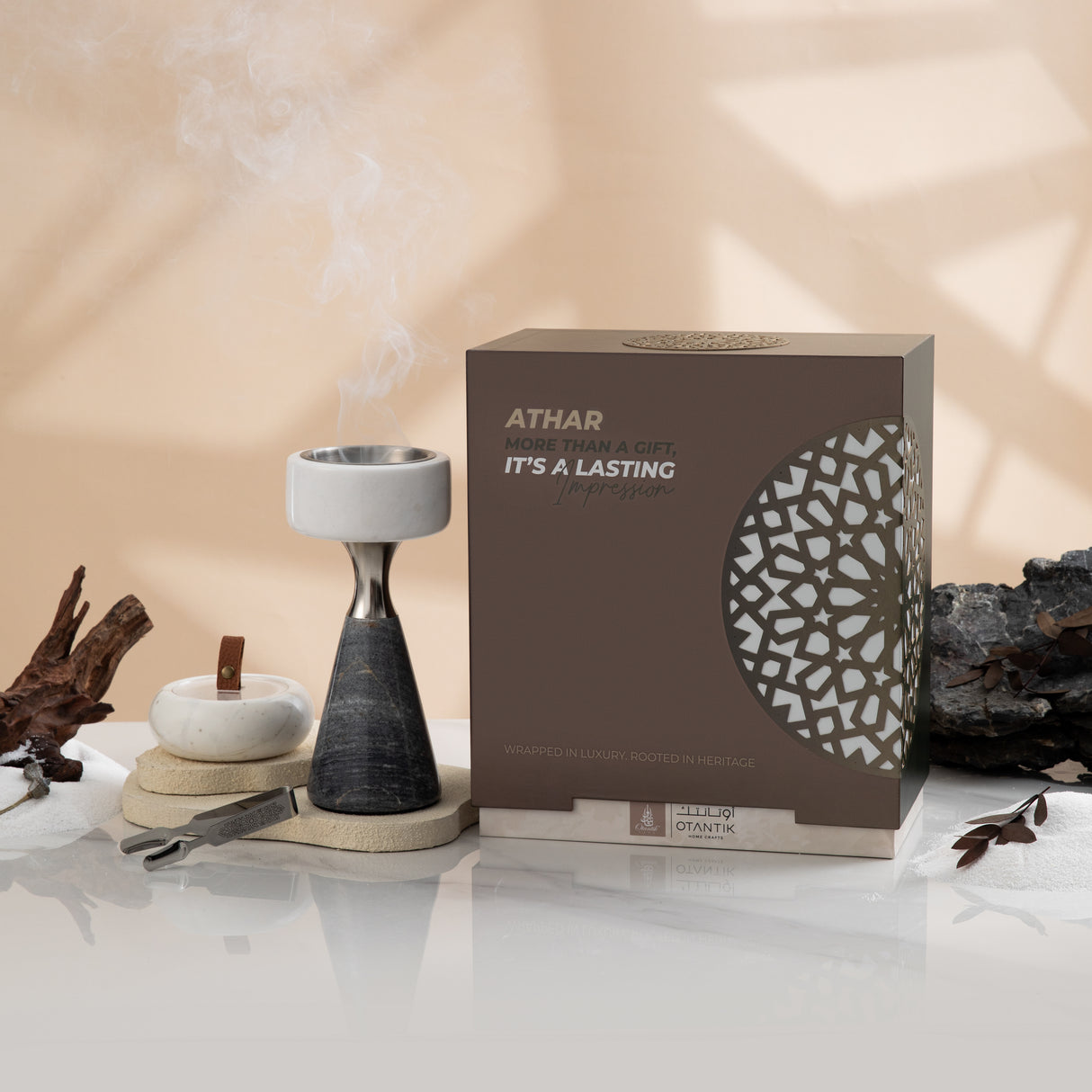 Athar - Marble Incense Burner Set (3-Pc) - White/Grey & Silver