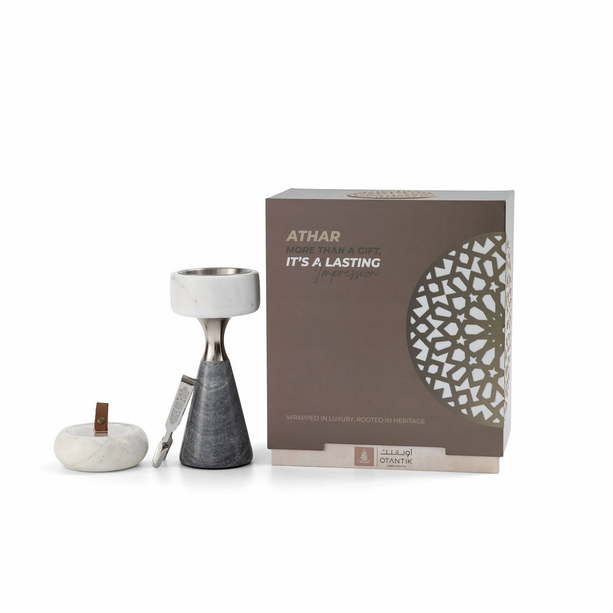 Athar - Marble Incense Burner Set (3-Pc) - White/Grey & Silver