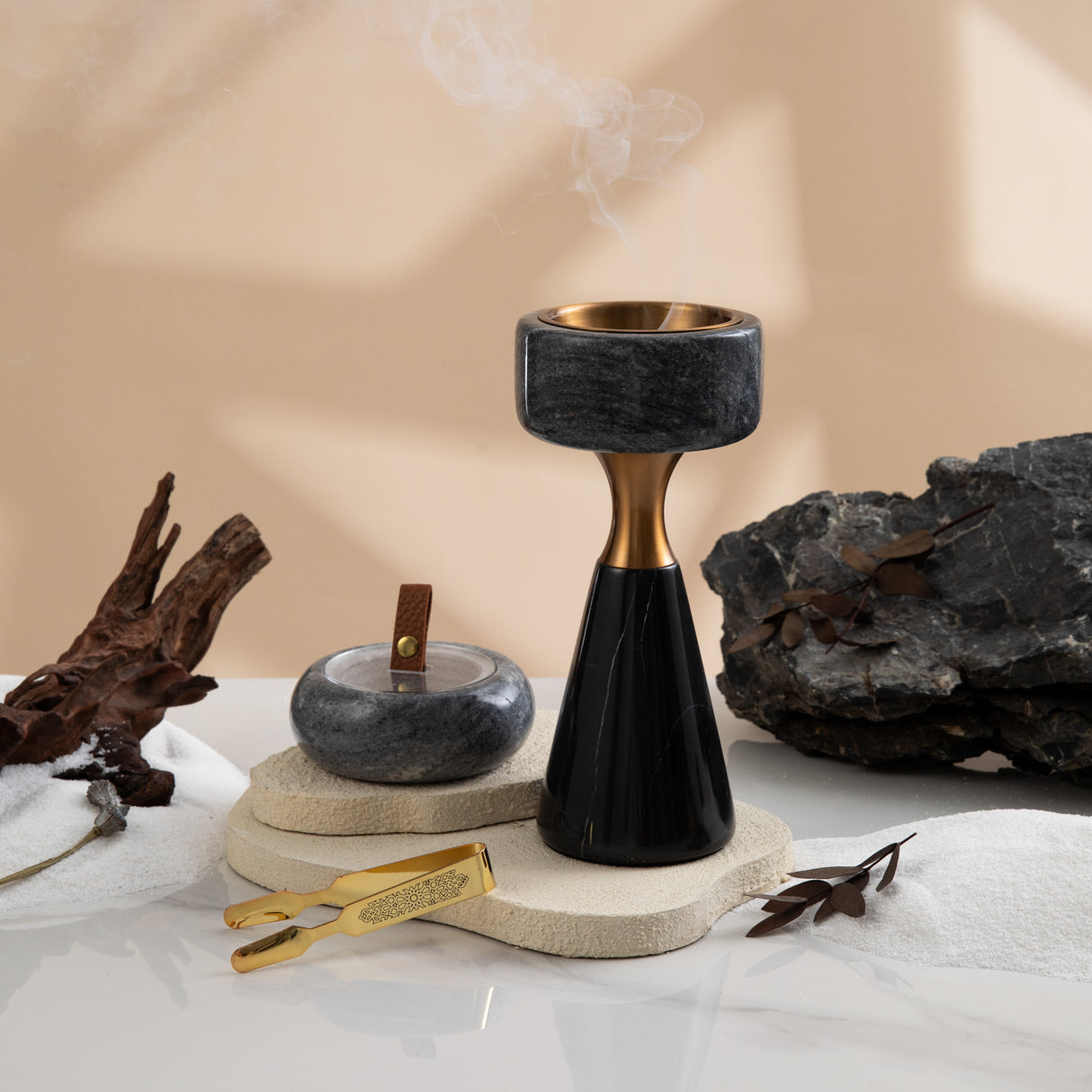 Athar - Marble Incense Burner Set (3-Pc) - Black/Gray & Bronze