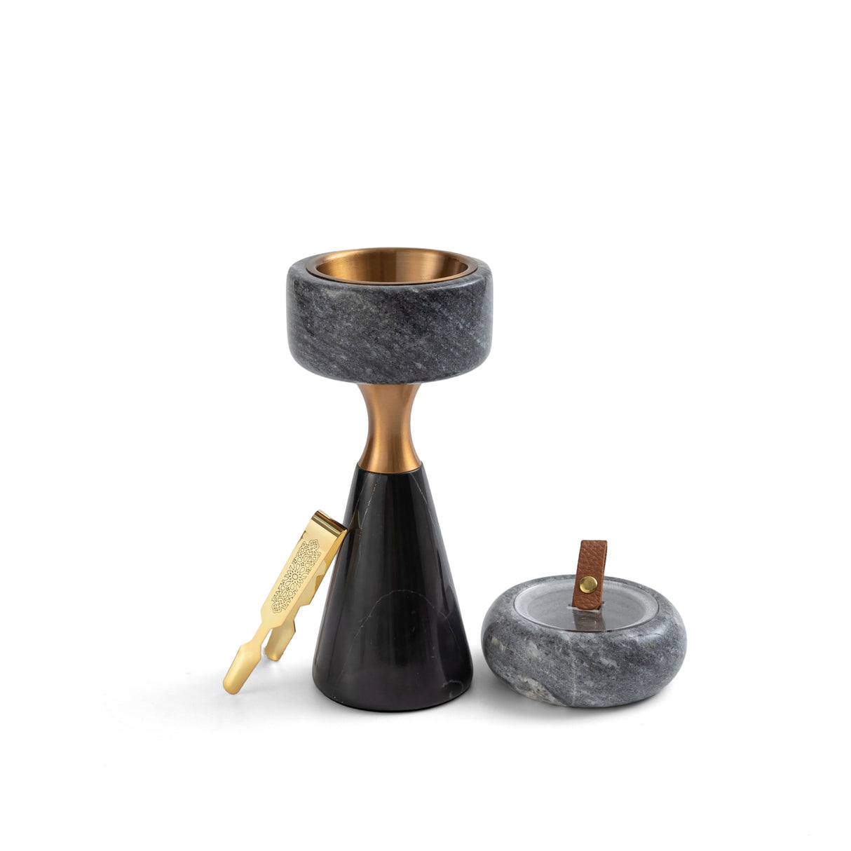 Athar - Marble Incense Burner Set (3-Pc) - Black/Gray & Bronze