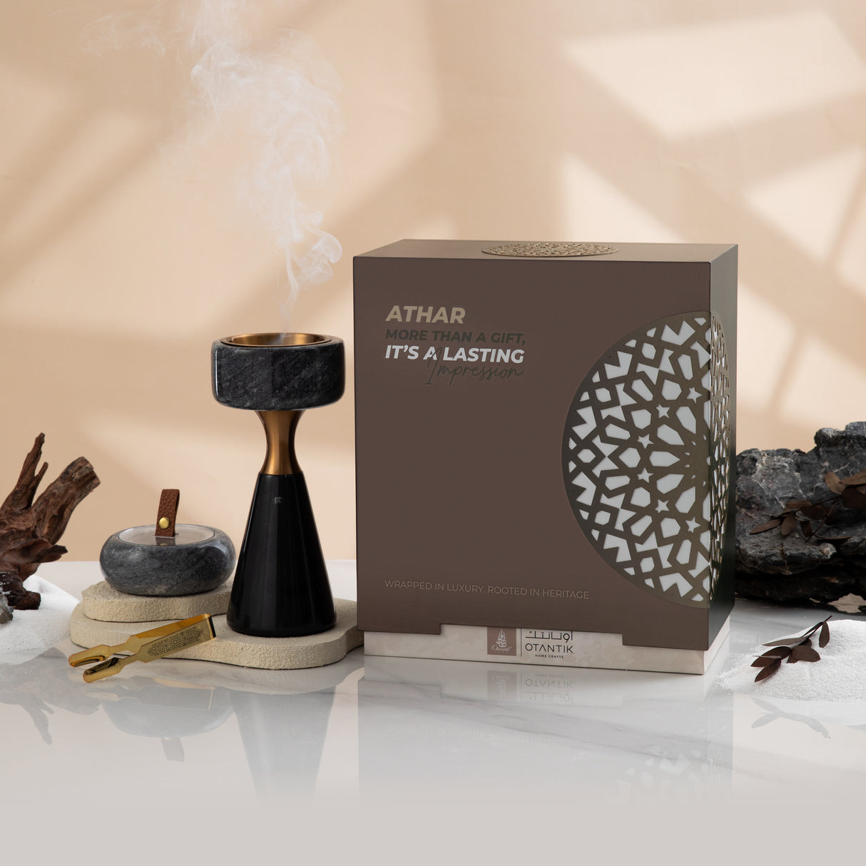 Athar - Marble Incense Burner Set (3-Pc) - Black/Gray & Bronze