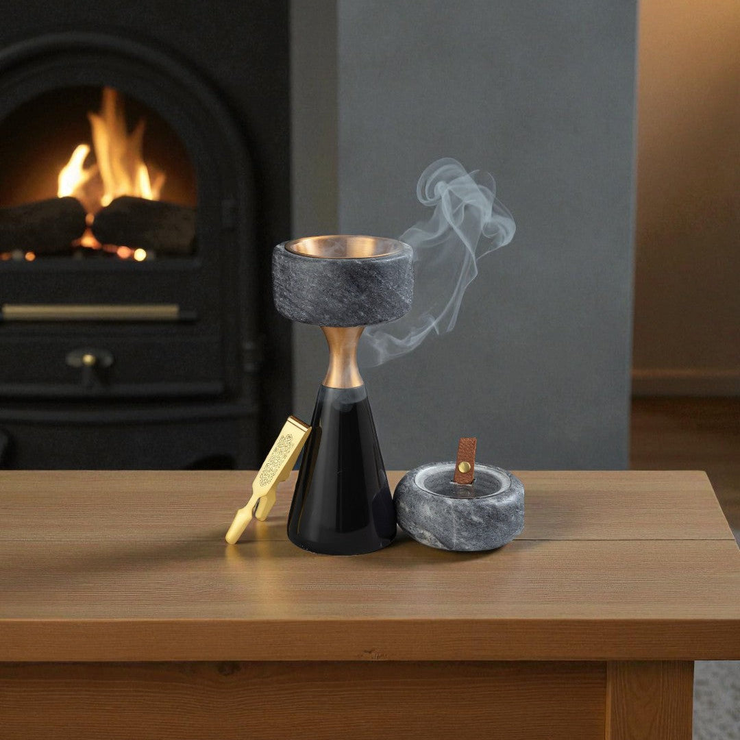 Athar - Marble Incense Burner Set (3-Pc) - Black/Gray & Bronze