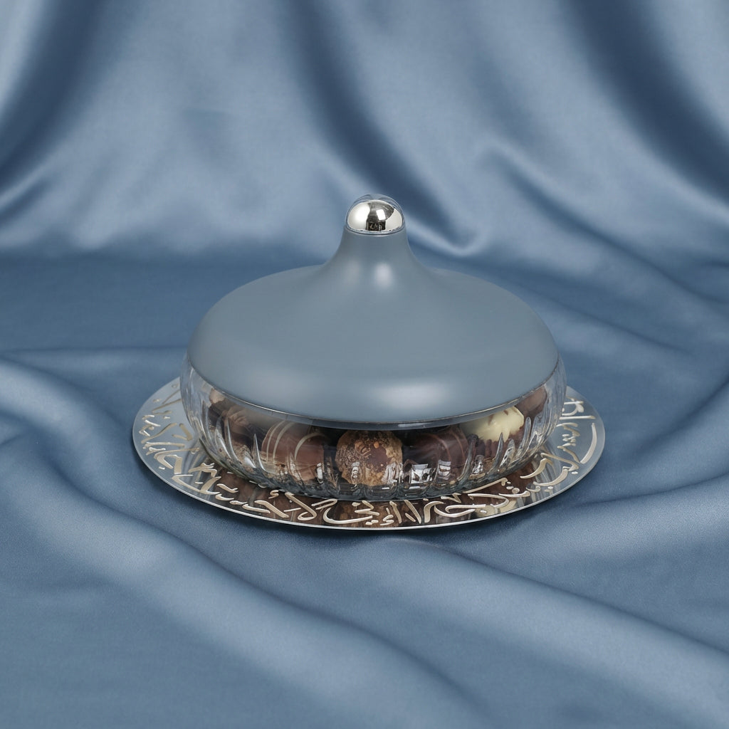 Jiwar - Medium Engraved Date & Dessert Centerpiece - Haze Blue & Silver