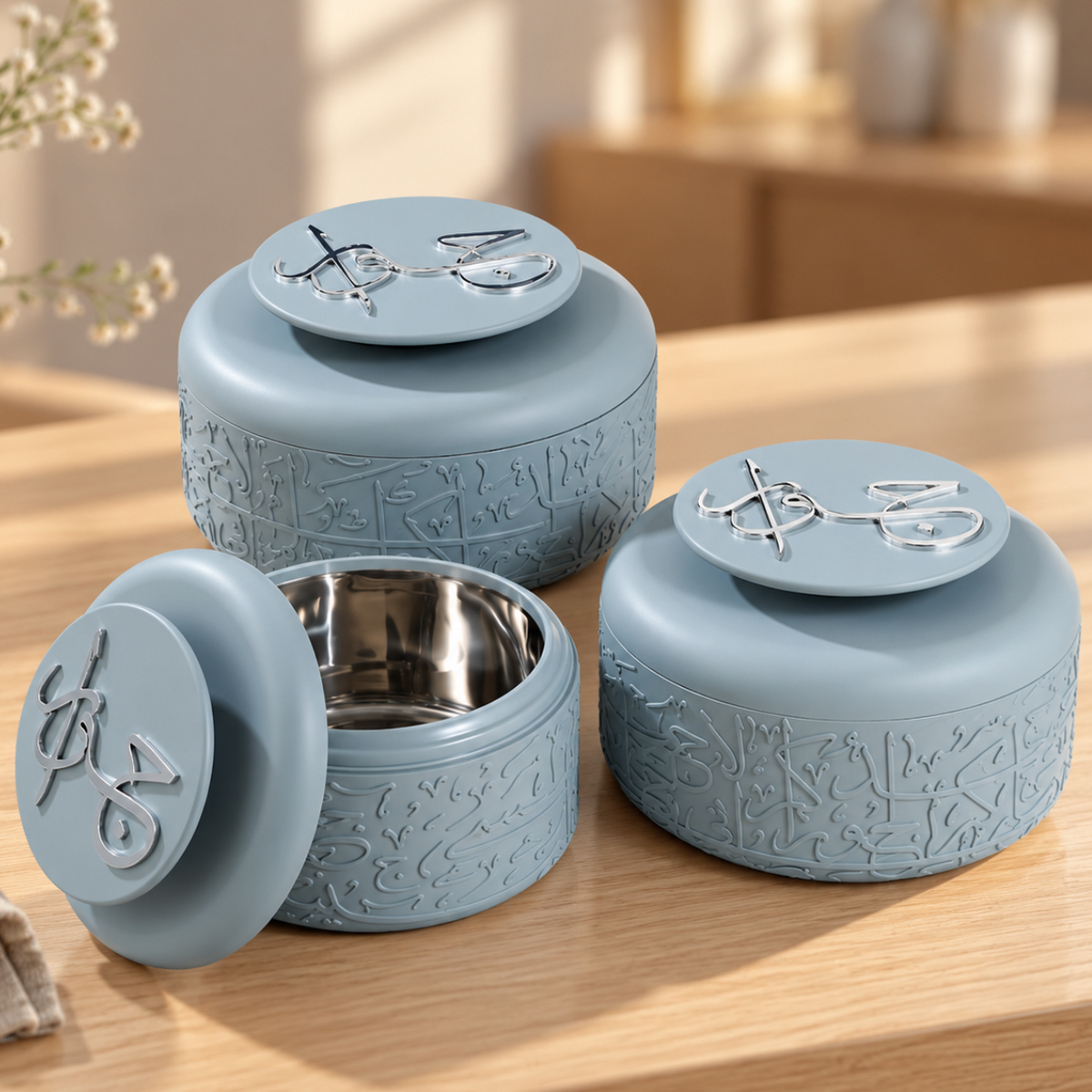 Jiwar - Food Thermos/Warm Serv (Set of 3)- Haze Blue & Silver