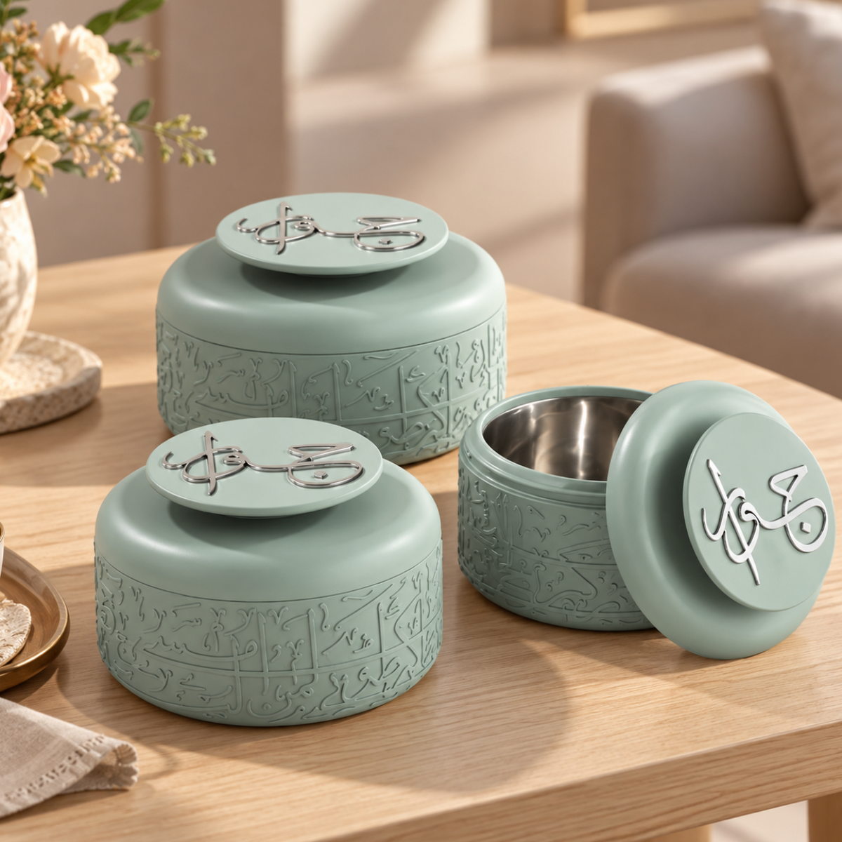 Jiwar - Food Thermos/Warm Serv (Set of 3)- Mint Green & Silver