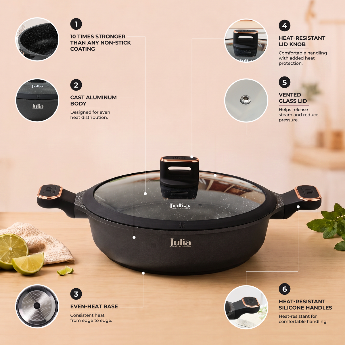 Julia Elite Pro Plus 11" Nonstick Shallow Cooking Pot with Lid – Black