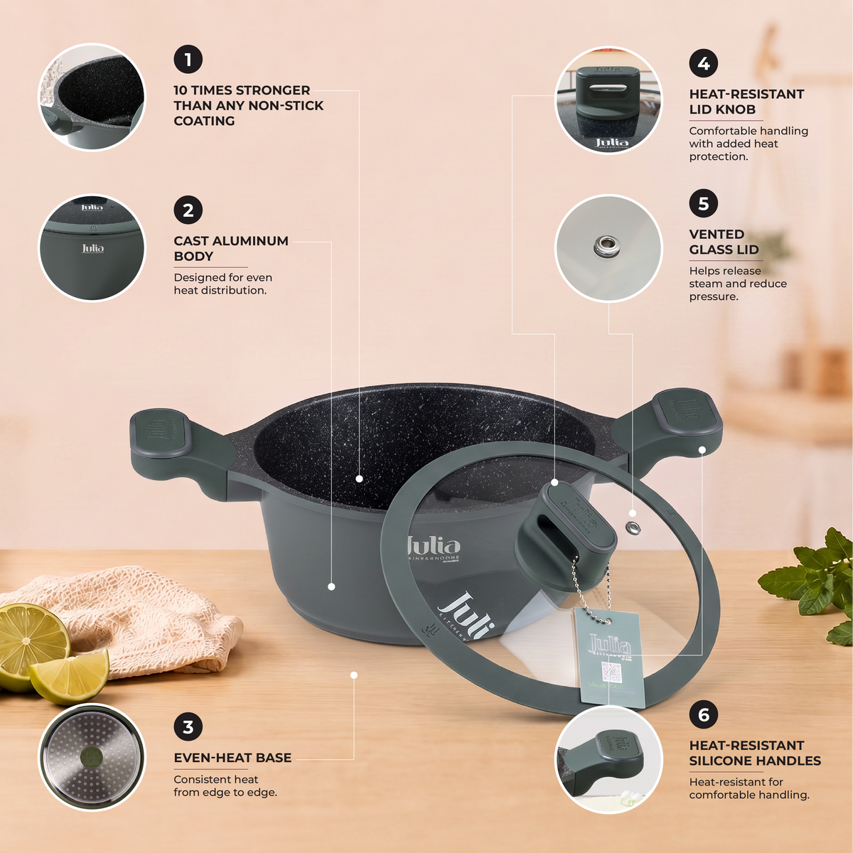 Julia Elite Pro 12.5" Nonstick Cooking Pot with Lid – Green