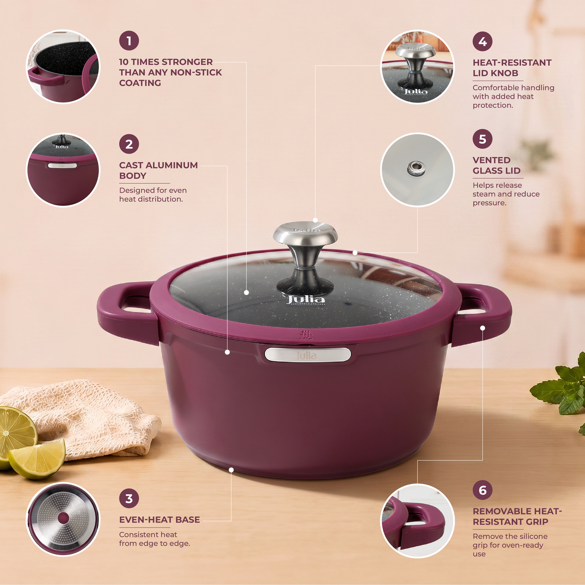 Julia Elite Berry 9.5" Nonstick Cooking Pot with Lid – Berry