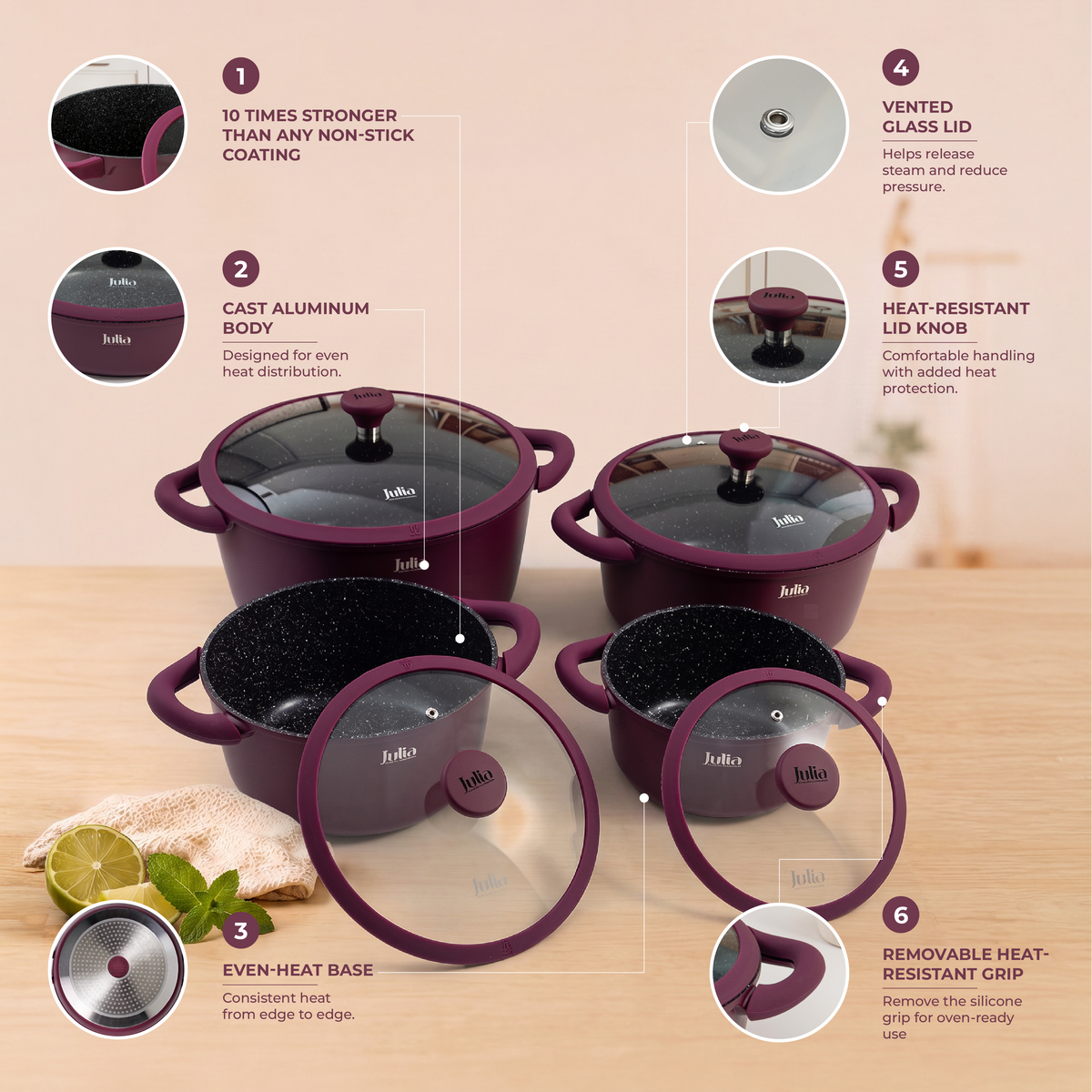 Julia Elite Velvet Berry 8-Piece Nonstick Cookware Set – Velvet Berry