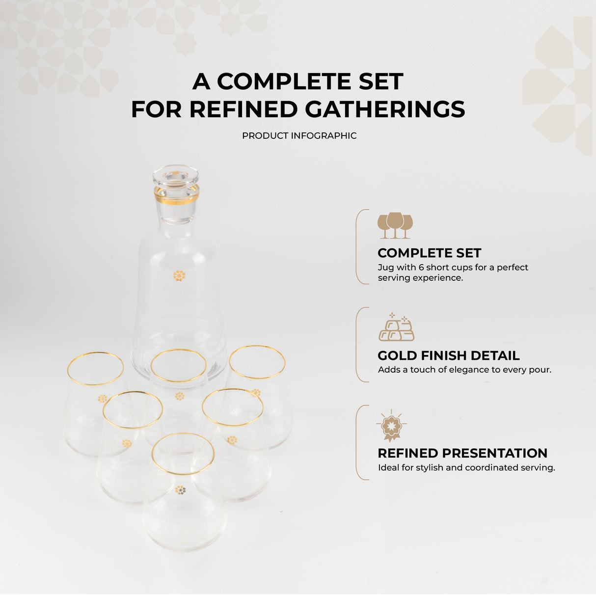 Mirral- Jug with 6 Short glass cups - Gold