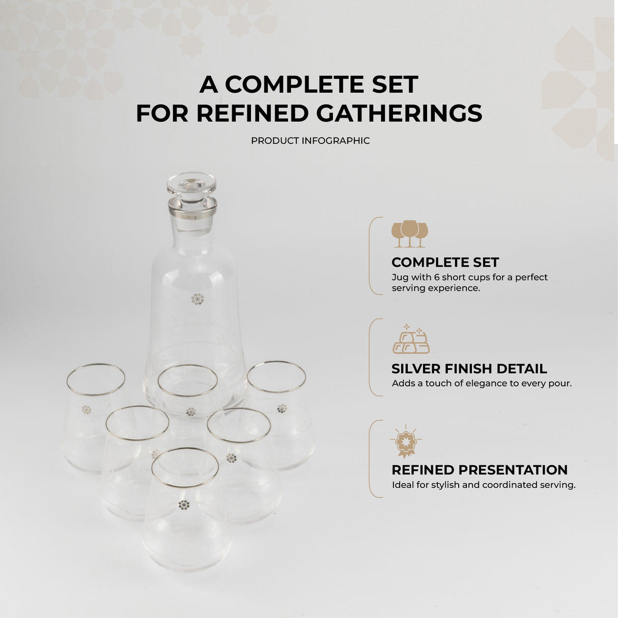 Mirral- Jug with 6 Short glass cups - Silver