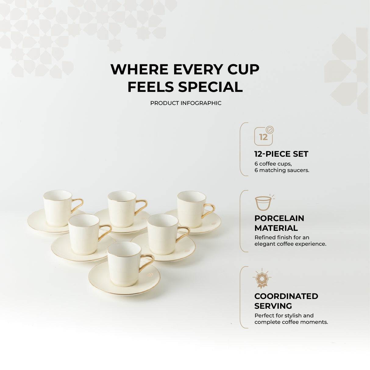 Mirral - Espresso/Turkish Coffee Set (12-Pc) - White & Gold