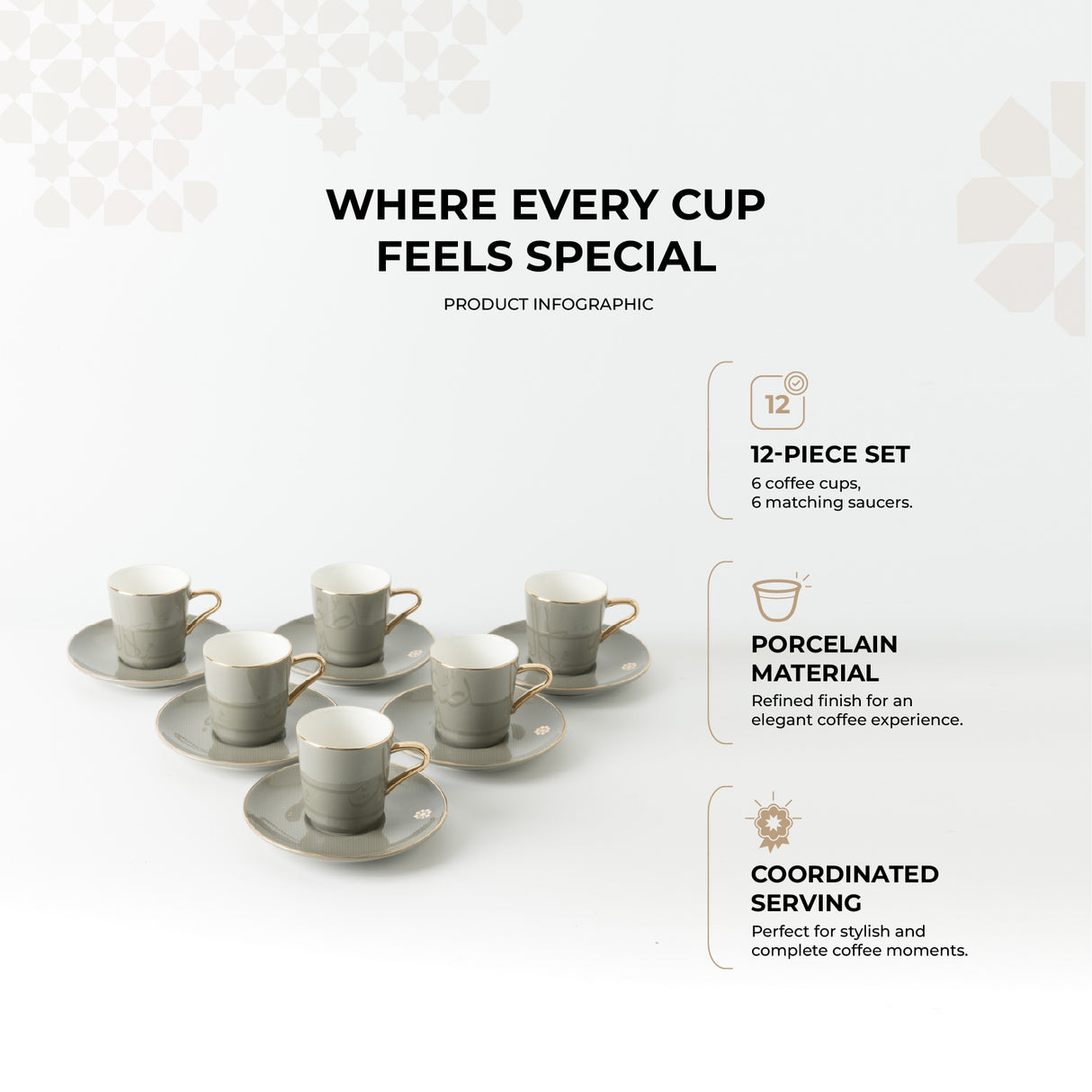 Mirral - Espresso/Turkish Coffee Set (12-Pc) - Grey & Gold