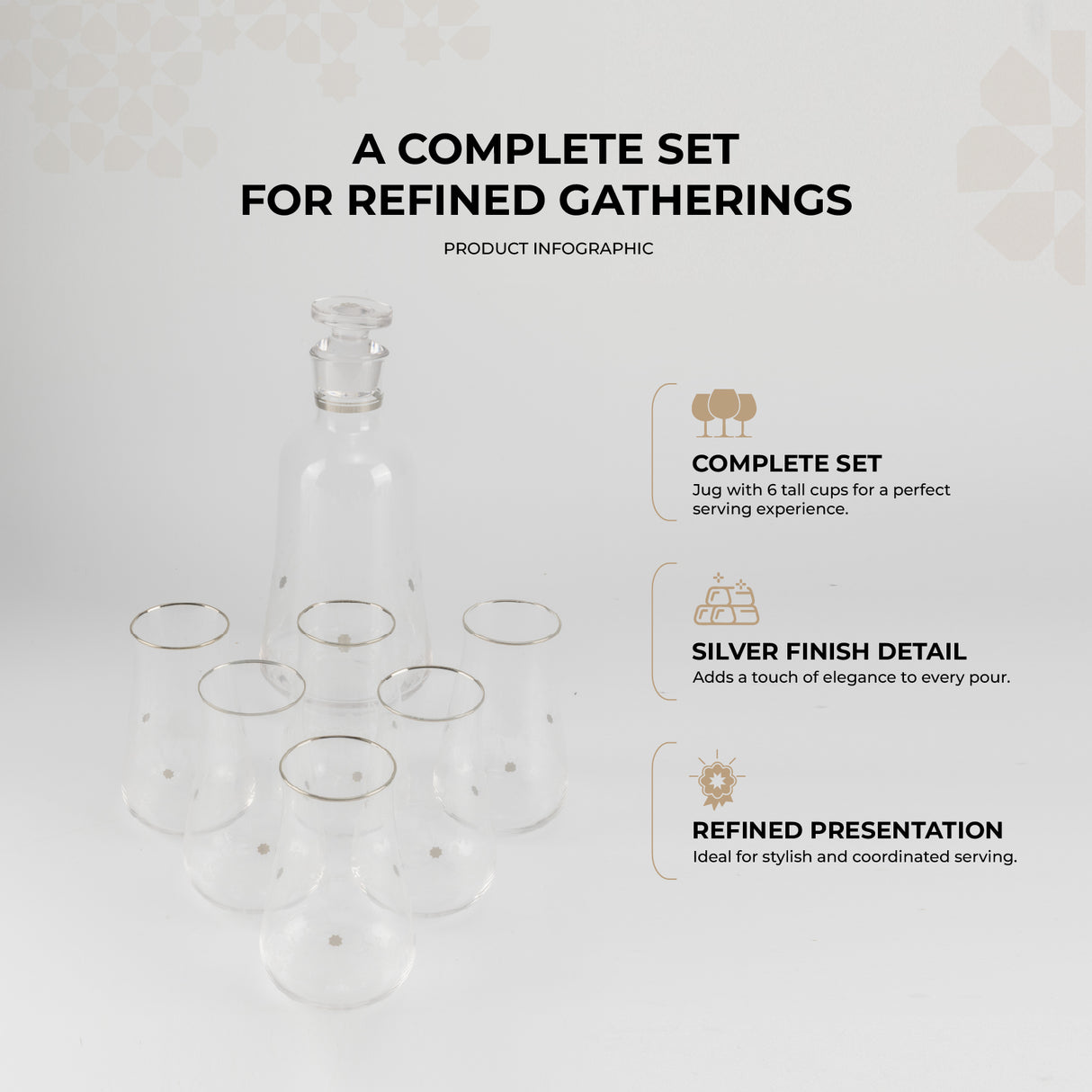 Nourhan - Jug with 6 Tall glass cups - Silver