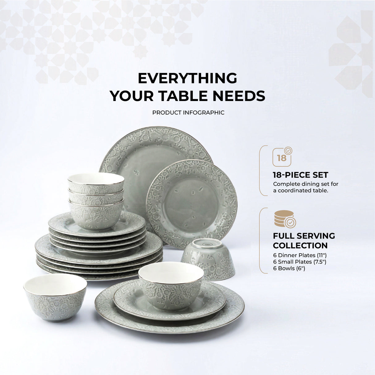 Nourhan - Dinner Set (18-Pc) - Grey & Silver