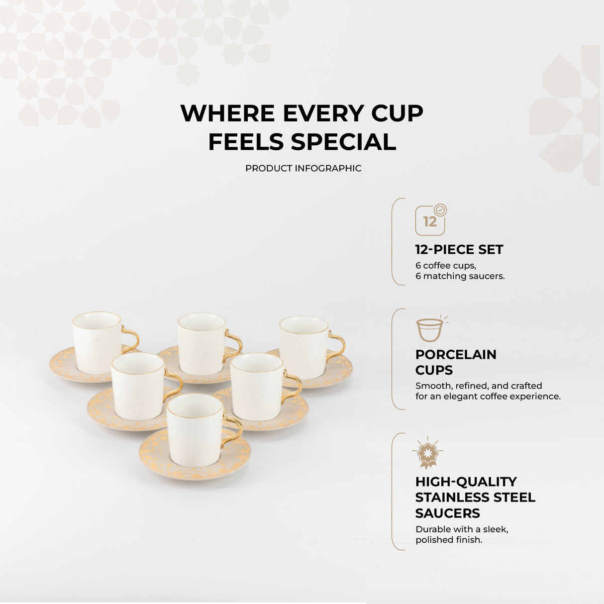 Nourhan - Espresso/Turkish Coffee Set (12-Pc) - Gold & Beige