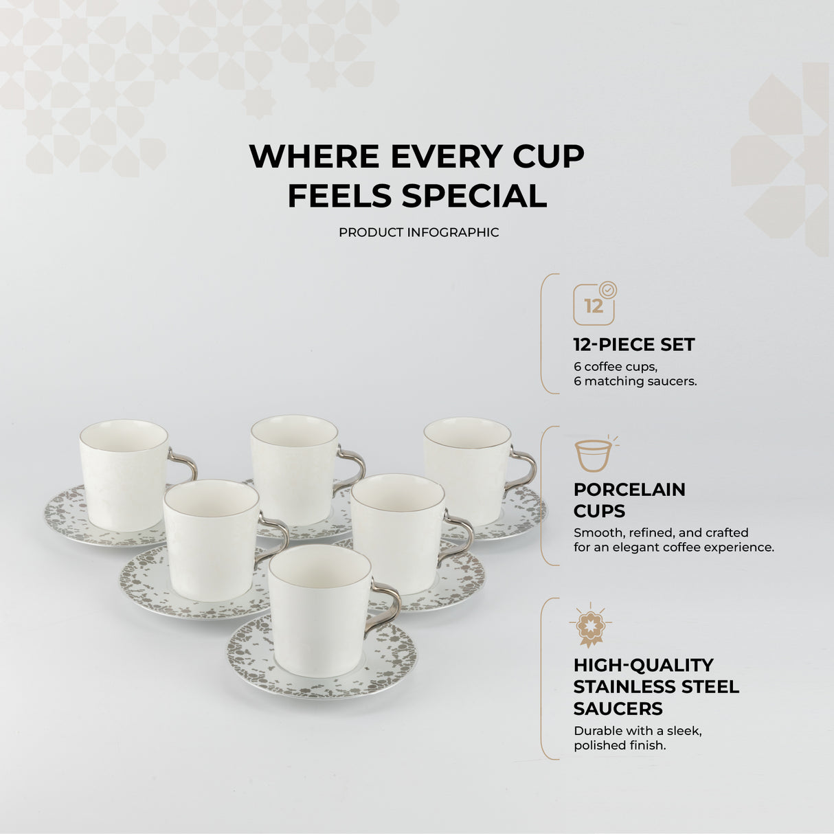 Nourhan - Cappuccino Set (12-Pc) - Silver
