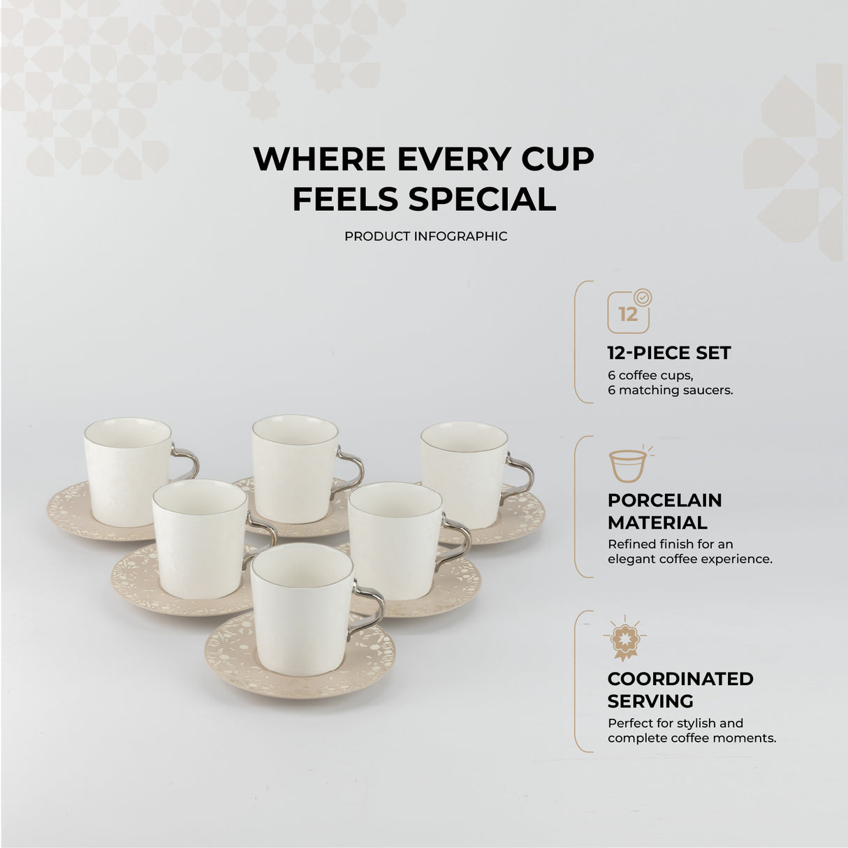 Nourhan - Cappuccino Set (12-Pc) - Beige & Silver
