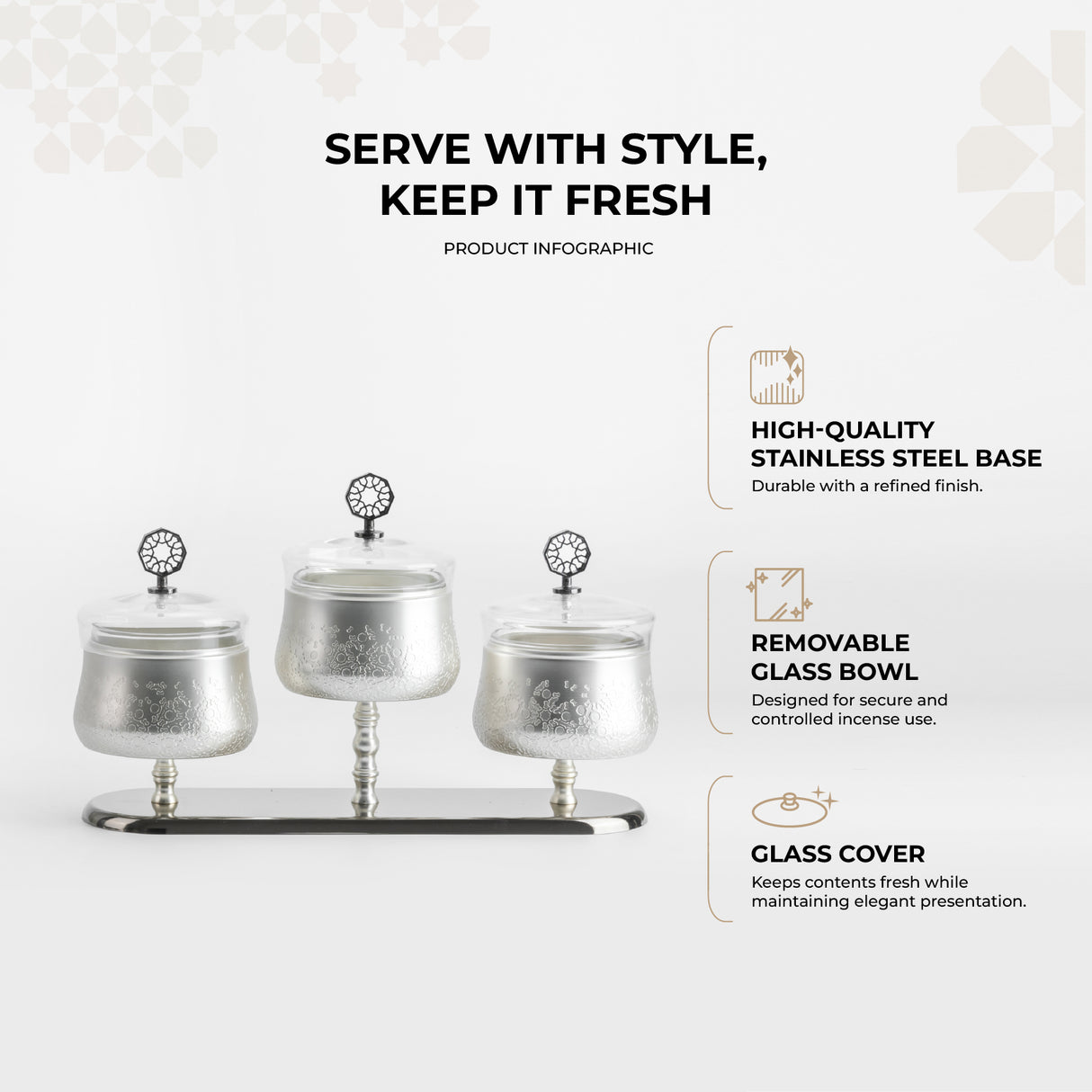 Nourhan - Triple Bowl Serving Set - Silver
