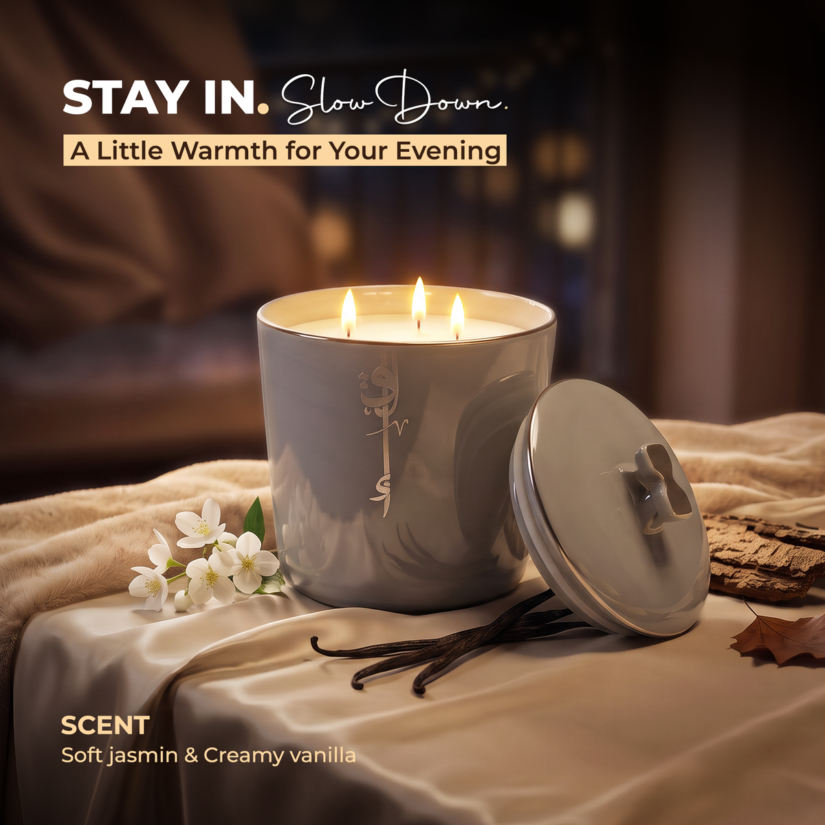 Liqaa - Medium Candle|Jasmine Vanilla - Grey Silver