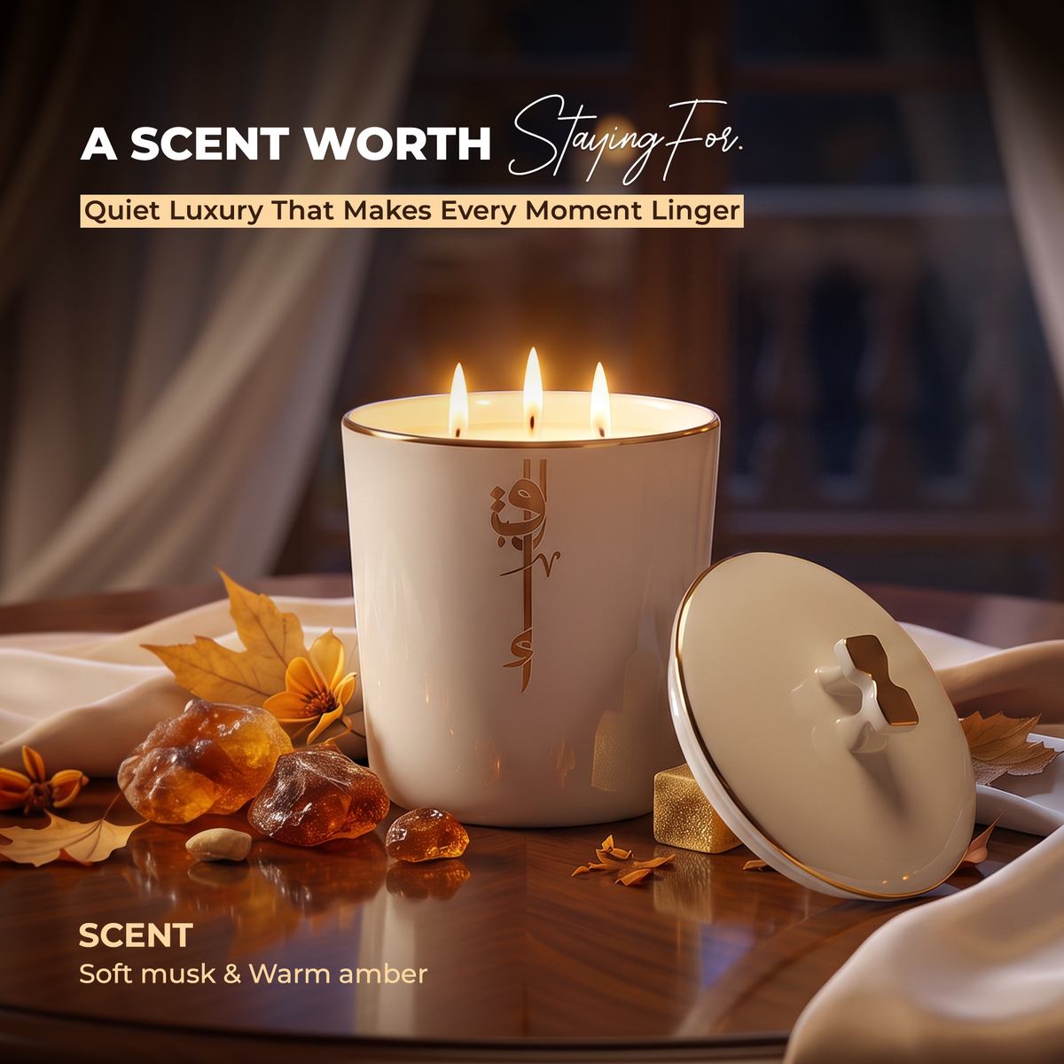 Liqaa - Large Candle|Musky Amber - Pearl Gold